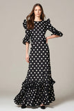 Robe trapèze à pois en mousseline de soie noire et blanche avec volants