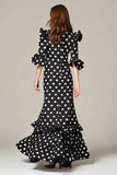 Robe trapèze à pois en mousseline de soie noire et blanche avec volants