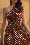 Robe en mousseline de soie brune dos nu à pois