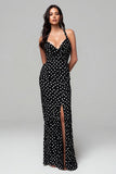 Robe formelle longue à pois fourreau en mousseline de soie noire avec fente