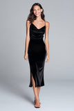 Robe formelle noire à bretelles spaghetti en velours fourreau