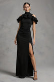 Robe longue formelle à col haut en satin fourreau noir avec fente