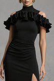 Robe longue formelle à col haut en satin fourreau noir avec fente