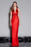 Robe longue formelle en satin rouge à col en V avec fleur 3D