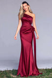 Robe longue formelle en satin sirène à une épaule bordeaux avec ceinture