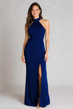 Robe longue formelle à col haut en satin fourreau bleu marine avec fente