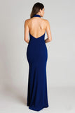 Robe longue formelle à col haut en satin fourreau bleu marine avec fente
