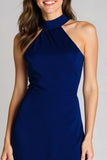 Robe longue formelle à col haut en satin fourreau bleu marine avec fente