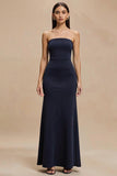 Robe longue formelle sans bretelles sirène bleu marine