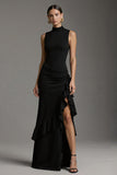 Robe formelle maxi à volants à col haut sirène noire avec fente