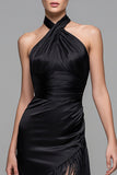 Robe formelle midi dos nu noire avec franges