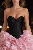 Noir et rose Robe de cocktail corset courte à volants