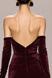 Robe de soirée longue bustier en velours rouge foncé avec fente