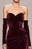 Robe de soirée longue bustier en velours rouge foncé avec fente