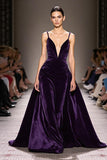 Velours violet foncé Une ligne Robe de soirée longue à col en V profond
