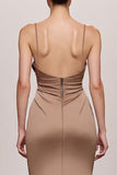 Robe de soirée longue à bretelles spaghetti sirène satin café