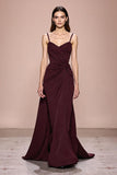 Robe de soirée longue à bretelles spaghetti froncées rouge foncé