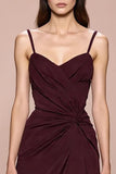 Robe de soirée longue à bretelles spaghetti froncées rouge foncé