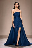 Robe de soirée longue trapèze froncée bleu foncé avec fente