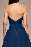 Robe de soirée longue trapèze froncée bleu foncé avec fente