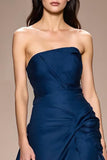 Robe de soirée longue trapèze froncée bleu foncé avec fente