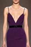 Robe de soirée longue à bretelles spaghetti en satin violet foncé