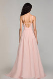 Robe de soirée en mousseline de soie a-ligne à bretelles spaghetti rose clair