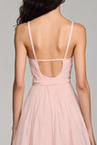 Robe de soirée en mousseline de soie a-ligne à bretelles spaghetti rose clair