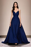 Robe de soirée trapèze en satin à bretelles spaghetti bleu foncé