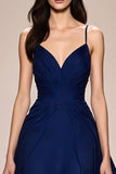Robe de soirée trapèze en satin à bretelles spaghetti bleu foncé