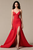 Robe de soirée longue à bretelles spaghetti trapèze en satin rouge avec fente