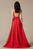 Robe de soirée longue à bretelles spaghetti trapèze en satin rouge avec fente
