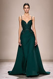 Robe de soirée longue froncée en satin trapèze vert foncé avec appliques