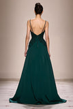 Robe de soirée longue froncée en satin trapèze vert foncé avec appliques