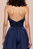 Robe de soirée longue sans bretelles en satin trapèze bleu foncé