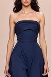 Robe de soirée longue sans bretelles en satin trapèze bleu foncé