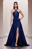 Robe de soirée longue froncée en satin trapèze bleu foncé avec fente