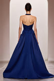 Robe de soirée longue froncée en satin trapèze bleu foncé avec fente