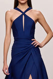 Robe de soirée longue froncée en satin trapèze bleu foncé avec fente