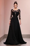 Robe de soirée longue trapèze noire à appliques avec dentelle