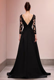 Robe de soirée longue trapèze noire à appliques avec dentelle