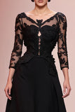 Robe de soirée longue trapèze noire à appliques avec dentelle