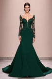 Robe de soirée longue à manches en dentelle sirène vert foncé avec appliques
