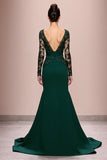 Robe de soirée longue à manches en dentelle sirène vert foncé avec appliques