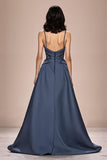 Robe de soirée longue à bretelles spaghetti en satin trapèze gris bleu avec appliques