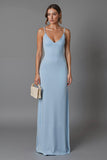 Robe de soirée longue à bretelles spaghetti fourreau bleu ciel