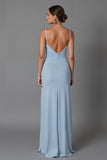 Robe de soirée longue à bretelles spaghetti fourreau bleu ciel