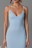 Robe de soirée longue à bretelles spaghetti fourreau bleu ciel