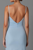 Robe de soirée longue à bretelles spaghetti fourreau bleu ciel