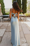 Robe de soirée longue en satin à bretelles spaghetti bleu ciel